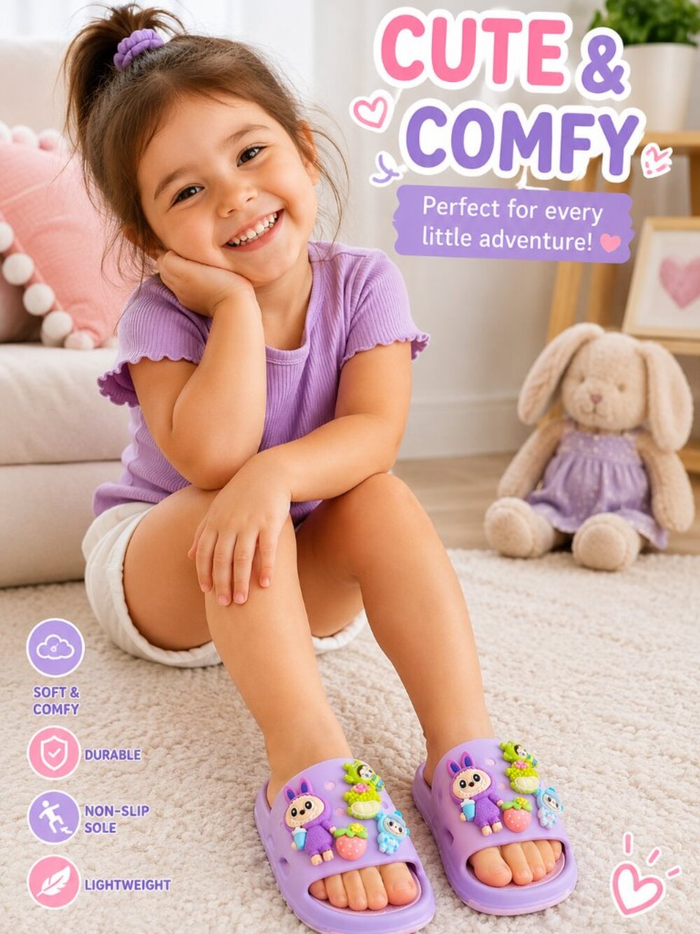 Cute Kids Cartoon Summer Slides Sandals | Kawaii Beach Slippers | Lavender